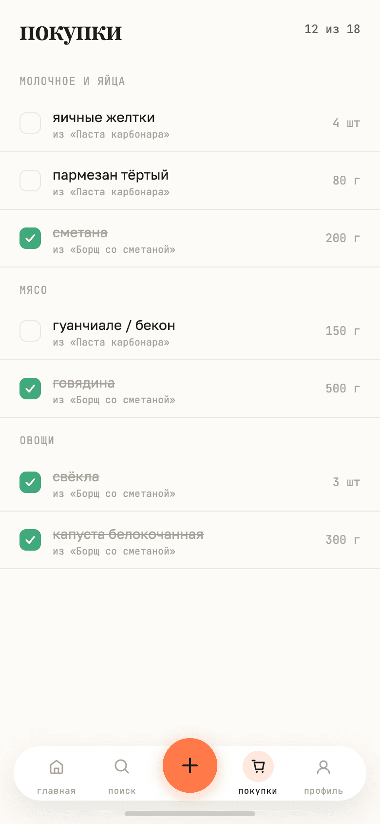 Список покупок с продуктами и отметками в приложении Ням